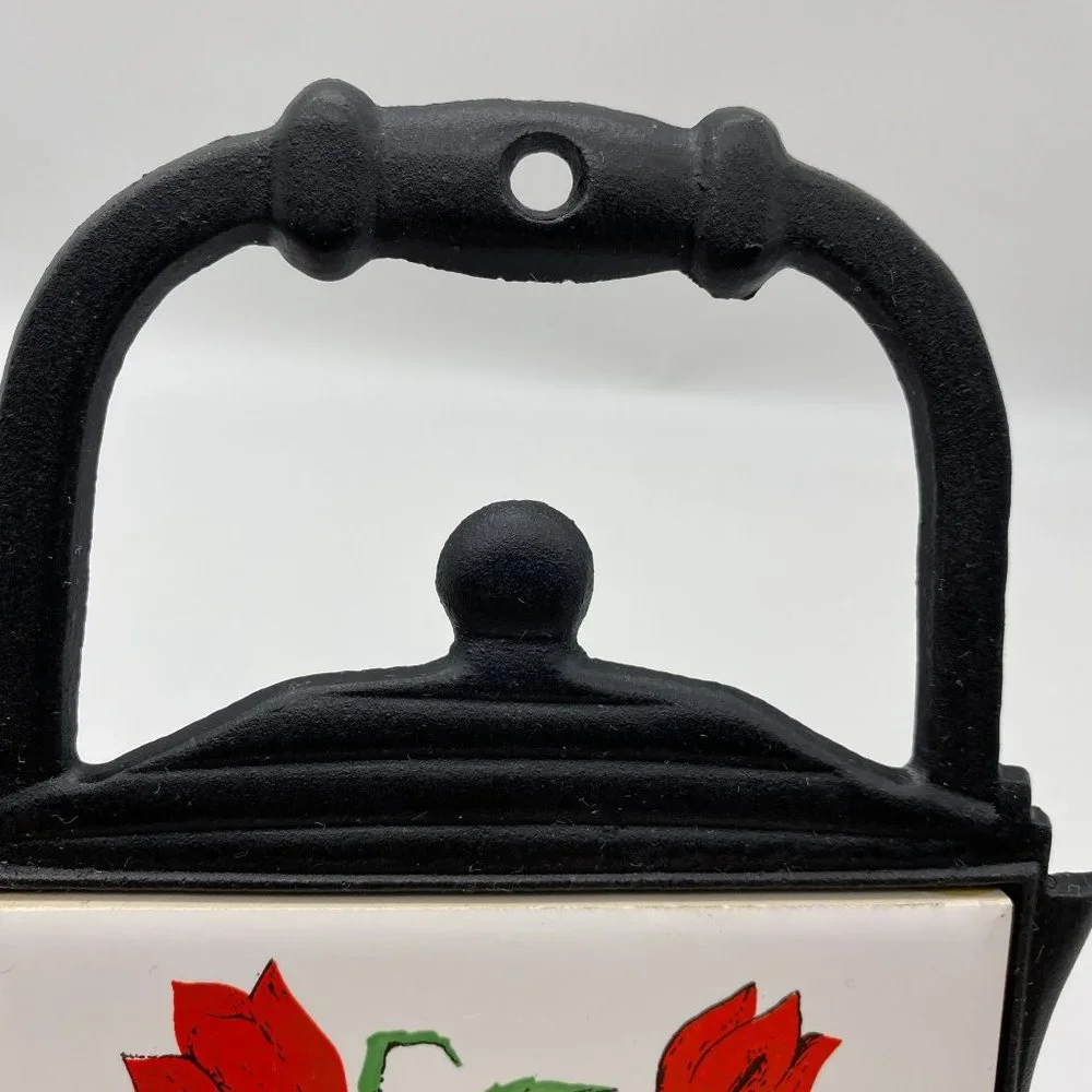 Vintage metal‎ tea kettle tile trivet Made Taiwan Apple rose basket fruit